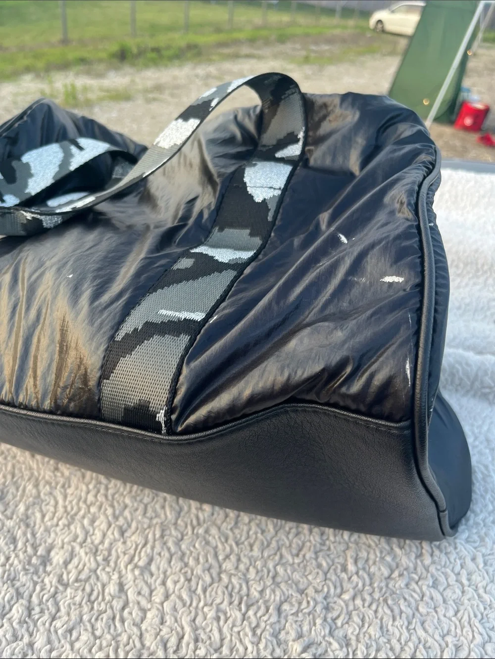 Jessica Simpson Black Quilted Duffel with Patterned Webbed Straps